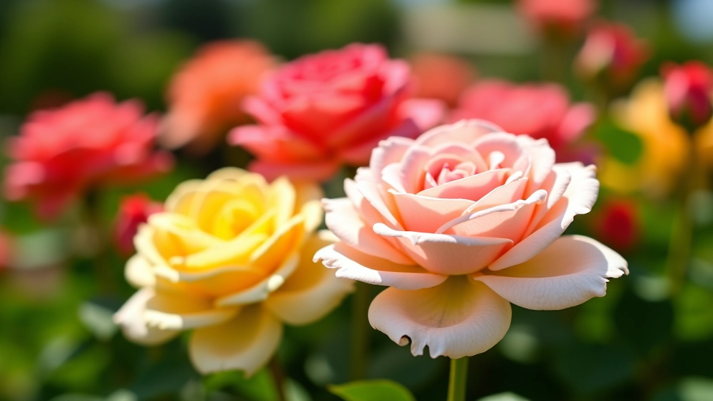 Diferentes variedades de rosas con pétalos de colores rojo, rosa, blanco y amarillo en plena floración