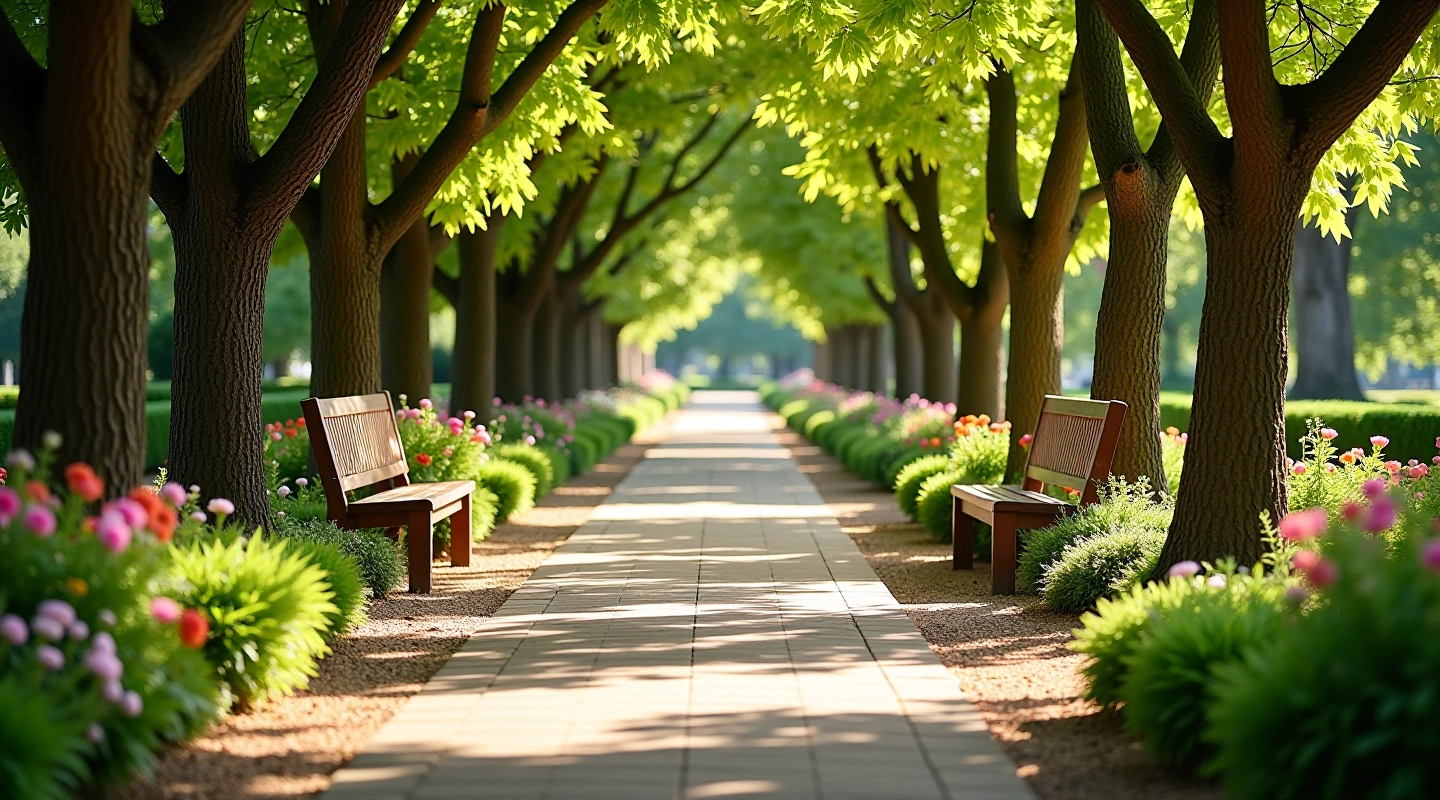 Sendero arbolado del Jardín Botánico con bancos de madera y flores de estación