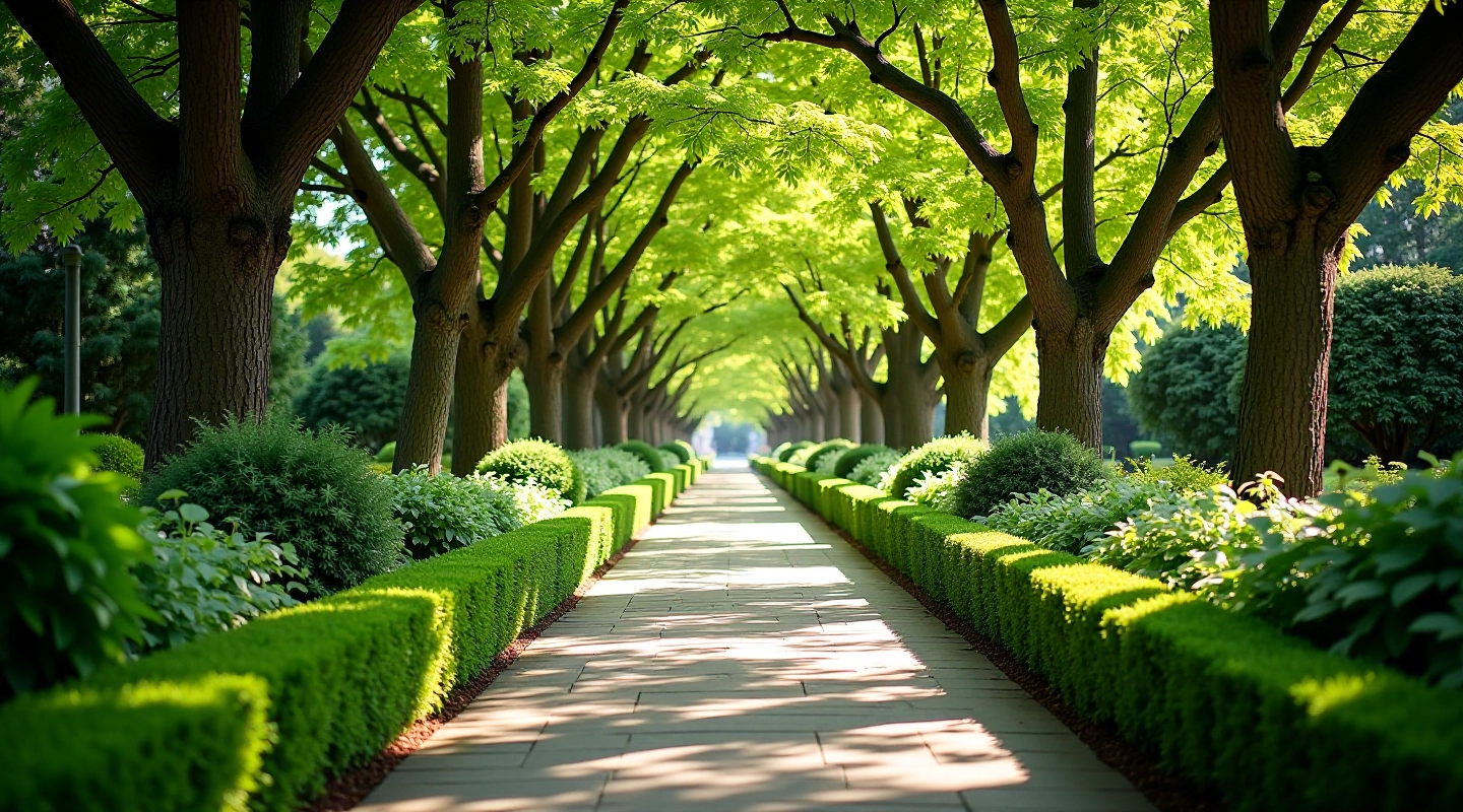 Sendero principal del Jardín Botánico de Palermo con vegetación exuberante y camino de piedra clara